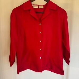 Christie & Jill 100% Silk Red Button Up Blouse with 3/4 Sleeves Size Medium Work